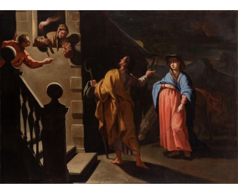 Spanish or Italian school; ca. 1700"The Arrival of the Virgin and St. Joseph in Bethlehem".Oil on canvas. Relined.Presents re