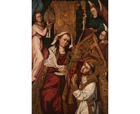 Castilian school; first quarter of the sixteenth century."Virgin imposing the chasuble to San Ildefonso".Oil on panel. Cradle