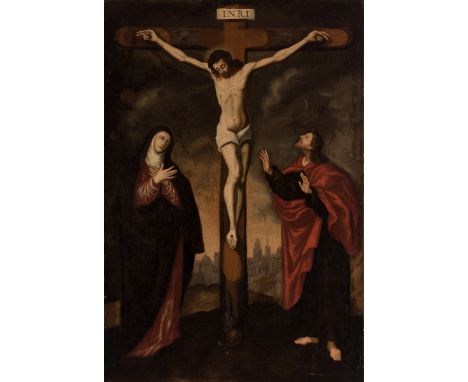 Spanish school; XVII century."Crucifixion".Oil on canvas. Relined.Presents repainting, restorations and missing in the frame.