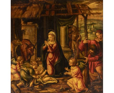 Spanish school of the first half of the XVII century."Nativity.Oil on panel.Size: 27 x 27 cm; 48,5 x 48,5 cm.In this variegat