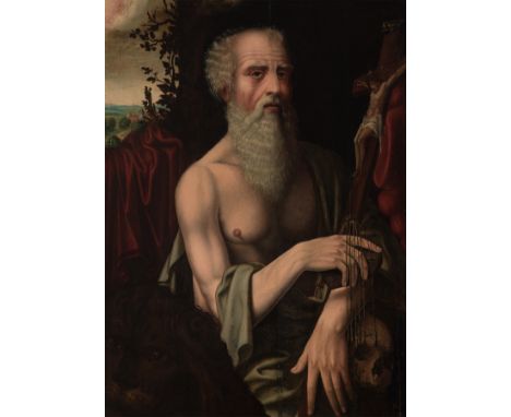 Flemish school; XVI century."Saint Jerome".Oil on panel.Requires cleaning and has restoration band on the back.Measures: 64 x