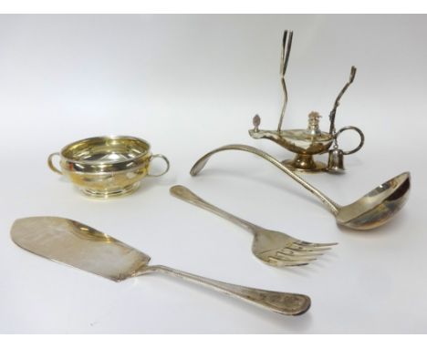 Various silver and silver plated wares including table lamp, servers and twin handled dish