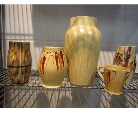 Five pieces of Radford pottery - Wheatsheaf design vase, 25cm tall, three smaller vases including bamboo design, 15cm tall, a