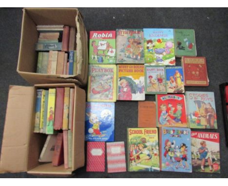 Two boxes of assorted vintage children's annuals and children's books, mainly mid-20th Century including 'Little Frolic', 'Bo