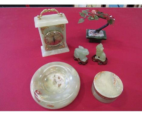 A Jade rabbit, tiger and life tree together with an onyx quartz carriage clock, ashtray and lidded pot  (6)
