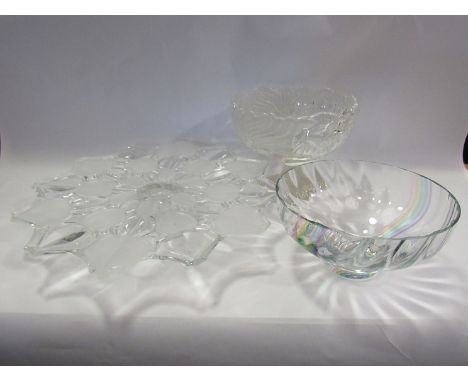 A modern glass cake stand, pedestal glass bowl and Caithness glass bowl