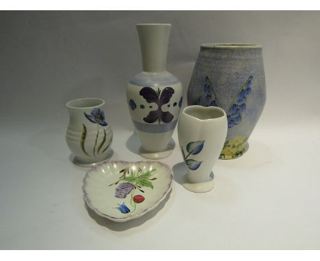 Five pieces of Radford pottery - bulbous vase, blue ground with blue and yellow flowers, 18cm tall, three other vases and a p