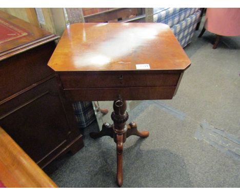 A circa 1840 mahogany two drawer sewing table on turned and carved column with tripod base (two keys) 74cm tall x 43cm wide x