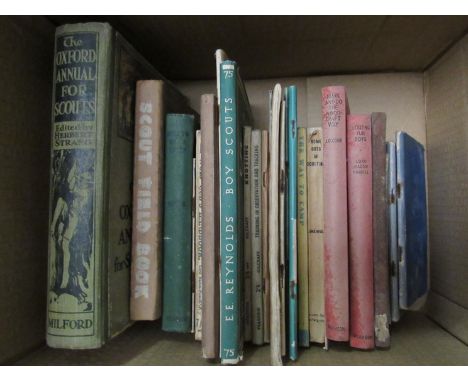 A box of vintage boy scouts and scouting books and booklets including Baden Powell, Norfolk Boy Scouts Song Book 1948, The Wa