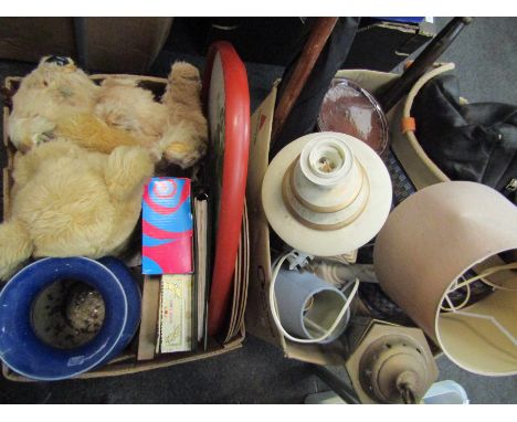 Two boxes of mixed items including large blue vase, teddy bear, door handles, lamp bases etc