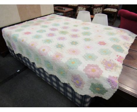 American quilt 1900-1935, cotton, "Hexagonal Floral" design, pastel colours, 180cm x 196cm approx, overall good condition, so