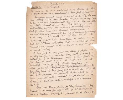 Wodehouse (P.G.) Psmith USA, autograph manuscript of his novel "Psmith, Journalist", signed at end and dated "11 November 190