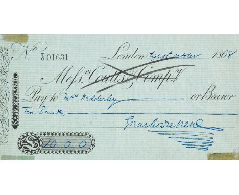 Dickens (Charles, novelist, 1812-70) Autograph cheque signed "Charles Dickens" paid to "Mrs Hedderley" for the sum of "Ten Po