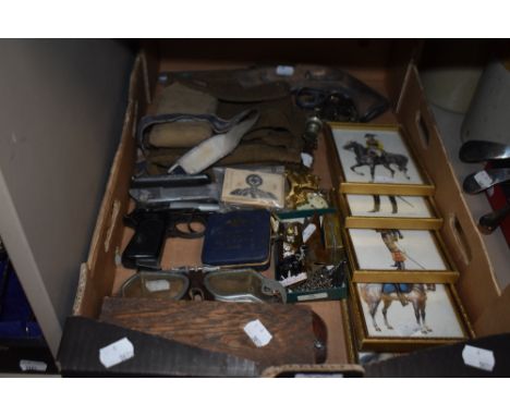 A miscellany of items of military interest, to include; Napoleonic style prints, goggles, dressings, British army stop watch 