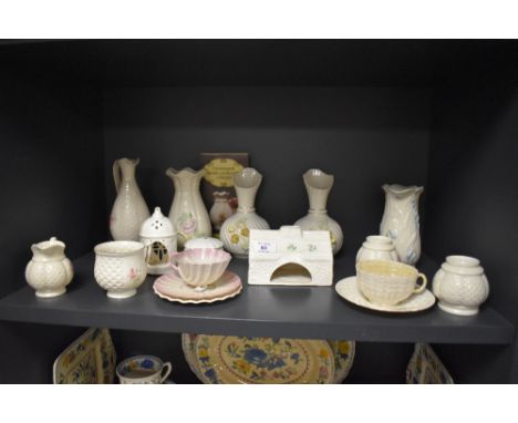 A variety of Irish china, including Beleek vases, cups and saucers, trinket box and more.
