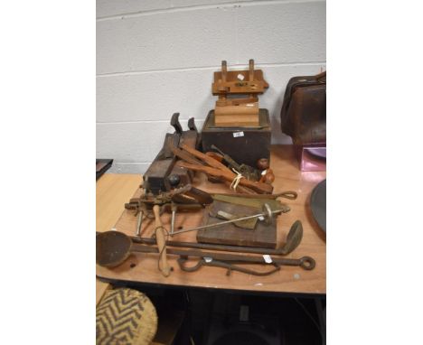 A variety of vintage tools and similar, including paper guillotine and Try and Jack planes etc.