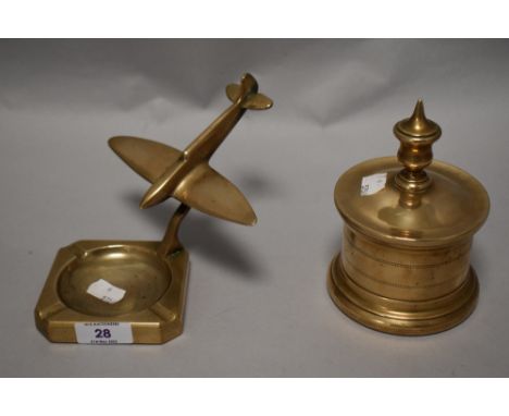 Two pieces of brass trench art, to include lidded trinket box and astray with Spitfire decoration.