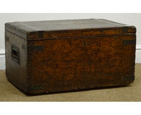 19th century oak metal bound trunk, hinged lid, castor supports, W60cm, H33cm, D38cm  Condition Report Click here for further