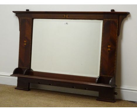 Early 20th century inlaid mahogany bevel edge mirror, projecting cornice, moulded shelf, W123cm, H77cm Condition Report Click