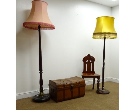 Two mahogany standard lamps (H150cm maximum) walnut hall chair, a Singer sewing machine and a metal travelling trunk (5) Cond
