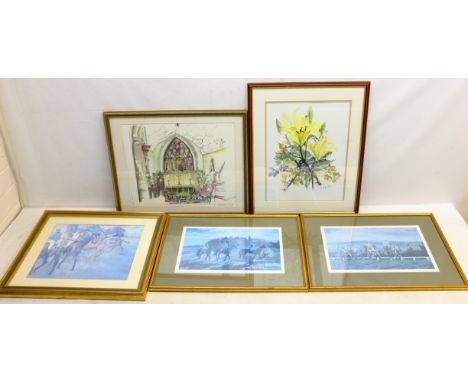Study of Lilies, contemporary watercolour signed Di Blackden,  Church Interior, colour print after the same hand, a pair of l