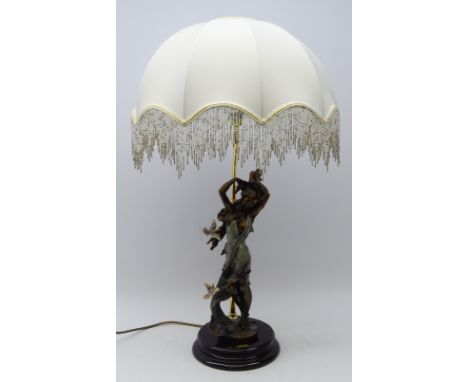 Large Florence Giuseppe Armani bronzed figural table lamp titled 'Aurora' with beaded frill shade, (H77cm including shade)