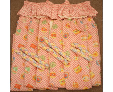Three pairs 'Anna French' pink and white thermal lined check pattern curtains with matching pelmets and tie backs, Drop - 220