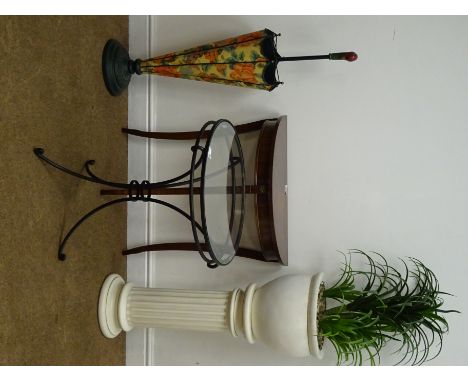 Regency style mahogany demi-lune table (W61cm, H71cm, D31cm), a metal framed tripod table with glass top, an umbrella stand a