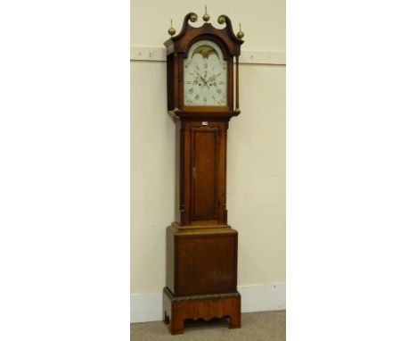 19th century inlaid oak longcase clock, broken arch pediment with brass finials, painted arched dial with moon phase apature,
