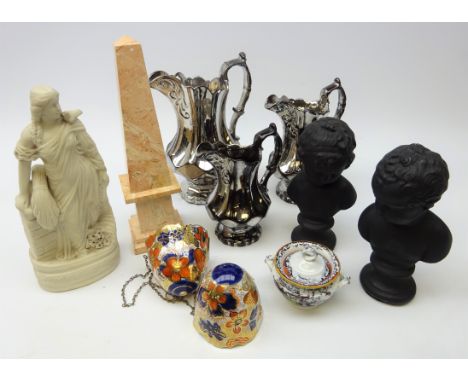 Marble obelisk, H31cm, set of three Victorian graduated silver lustre jugs, two black plaster busts, bisque figure depicting 