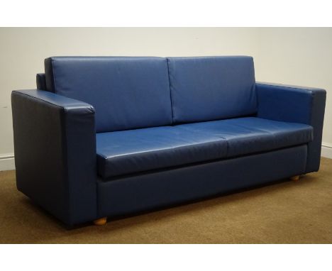 Three seat sofa upholstered in a blue leatherette fabric, bun feet, W198cm Condition Report Click here for further images, co