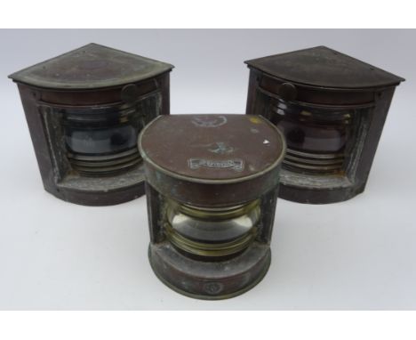 Pair copper cased ships lamps, H19cm and Seahorse copper Stern ships lamp, all with clear lenses (3)