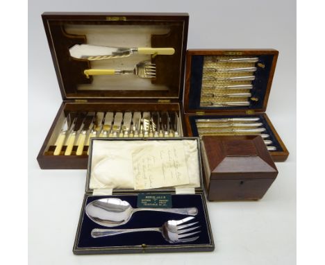 19th century sarcophagus shaped tea caddy, cased set of Victorian silver-plated dessert knives and forks, canteen of fish cut