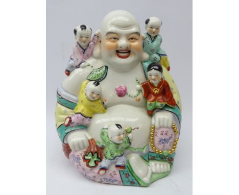20th century Chinese ceramic model of Budai laughing and surrounded by adoring youngsters, H32cm 