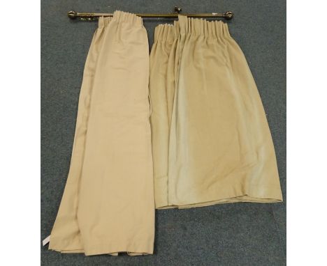Pair beige lined curtains, (W250cm, D142cmcm) and a similar pair (W165cm, D175cm) and curtain pole (L158m)  Condition Report 