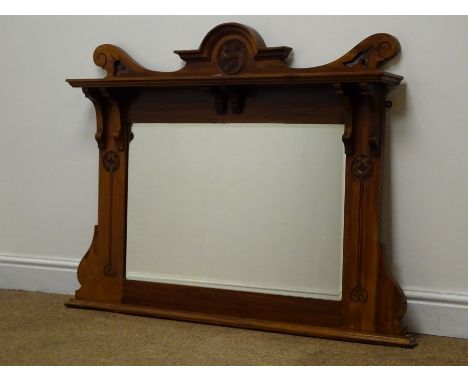 Edwardian Art Nouveau walnut overmantle mirror with top shelf and carved stylised motifs, W105cm, H86cm Condition Report Clic