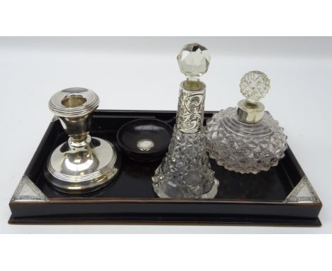 Edwardian ebony and silver mounted desk stand, H F Daltrey & Co, 1901, with matching bowl, silver dwarf candlestick, Edwardia