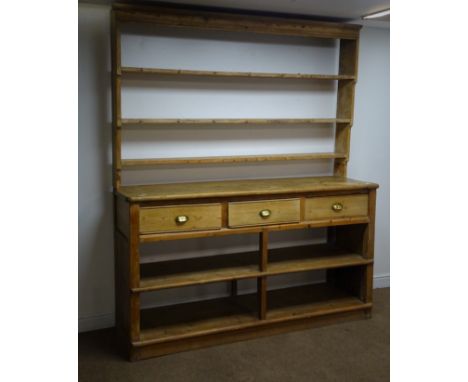 19th century pine dresser, three shelf plate rack, three drawers, square supports joined by an undertier with two shelves, pl