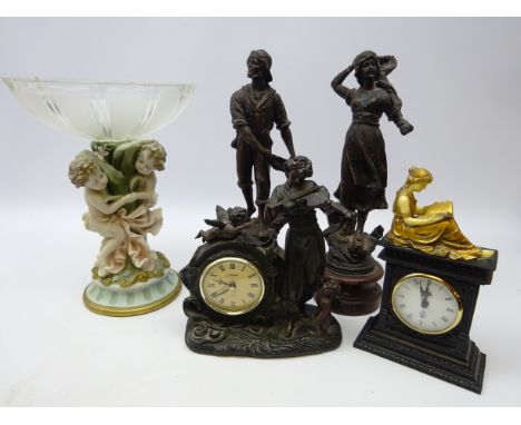 Cherub moulded centrepiece with glass bowl, pair French spelter figures, Juliana bronzed mantle clock and another mantle cloc