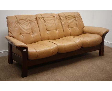 Ekornes Stressless three seat sofa upholstered in tan leather, W207cm Condition Report Click here for further images, conditi