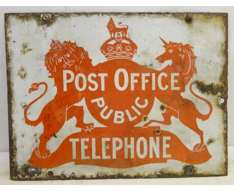Post Office Public Telephone oblong two-sided enamel sign by Bruton London, in red on a white ground 38 x 51cm Condition Repo