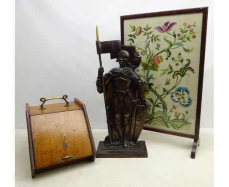 Oak framed fire screen with foliate needlework panel, H79cm Edwardian mahogany inlaid coal compendium and a large bronzed cas