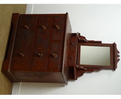 19th century scumbled pine dressing chest, raised mirror back above two trinket, two short and two long drawers, shaped plint