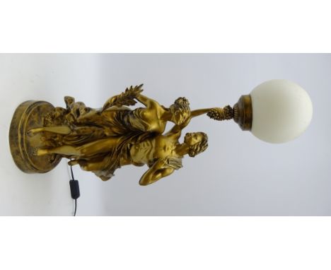 Gilt Classical style figural table lamp modelled as a semi nude couple with globular frosted glass shade, H72cm 