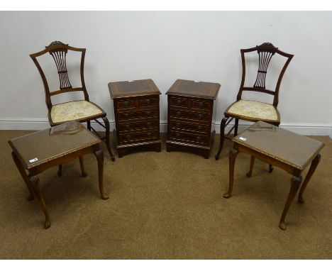 Two small inlaid mahogany chests, two short and three long drawers, shaped bracket supports (W39cm, H56cm, D33cm), a pair gla