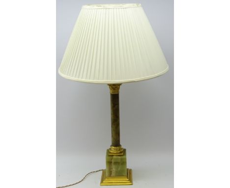 Large gilt brass and onyx Corinthian Column table lamp on square stepped base, H64cm excluding shade