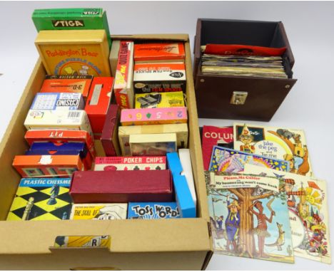 Collection of vintage games and sets; Arrco Poker Chips, Bridge, Pit, Paddington Bear Buzzle Block and others, Film Splicer, 