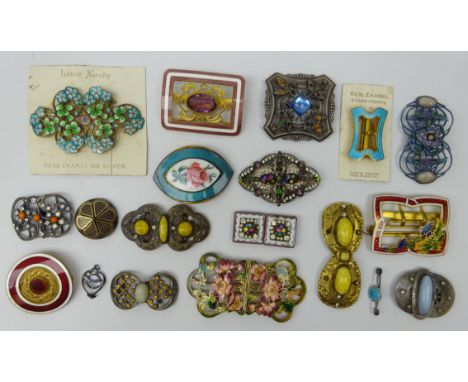 Early 20th century continental enamel and gilt metal belt buckles, some guilloche examples, sterling silver openwork pendant 