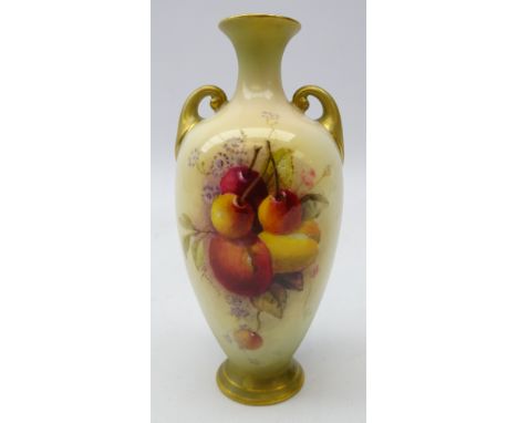 Royal Worcester miniature two handled vase hand painted with a still life of fruit signed Rickells, shape no. 287 date code f