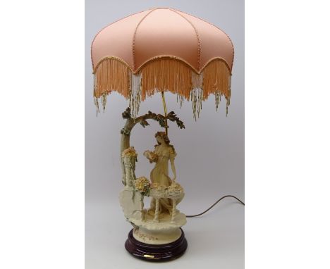 Large Florence Giuseppe Armani table lamp, modelled as a lady collecting flowers from a balcony, with beaded and fringed shad